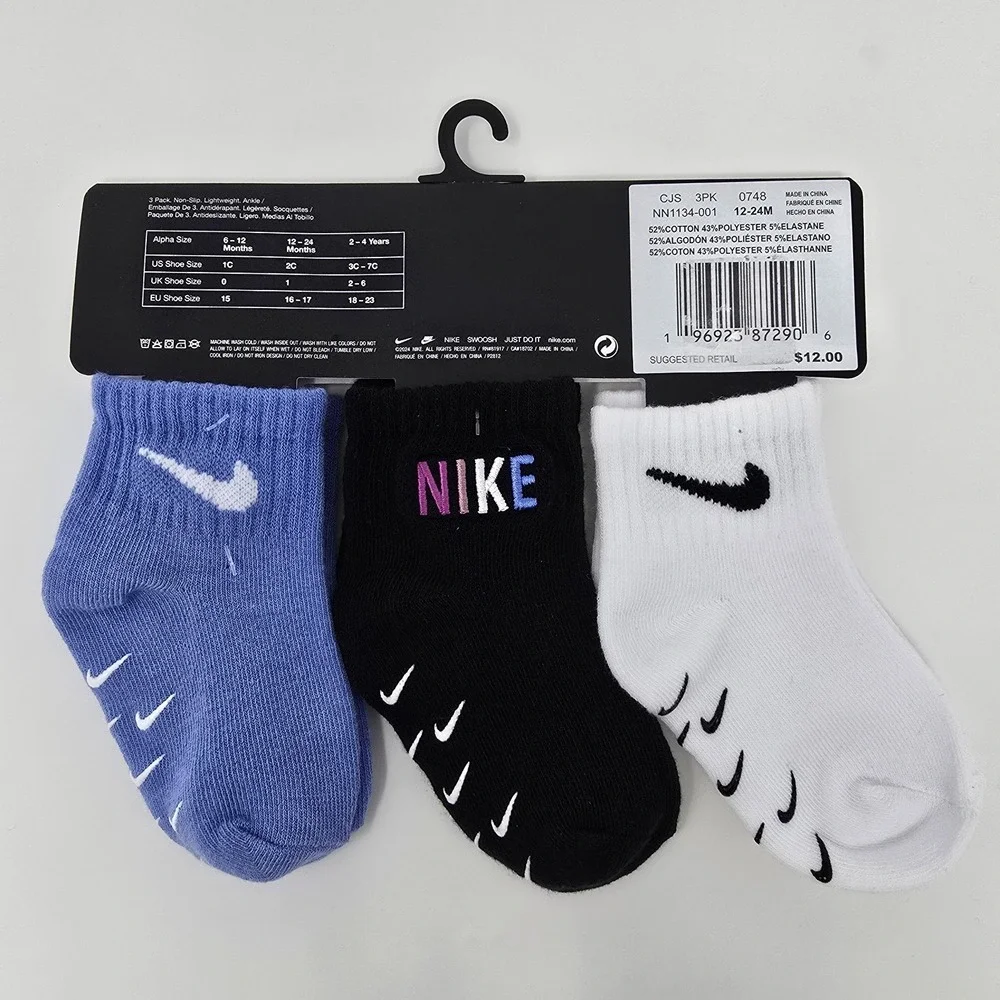 Nike Baby 3 Pair Non Slip Lightweight Ankle Socks~Blue, Black & White 12‎ - 24 M